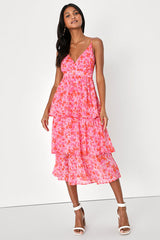 Adorable Obsession Pink Floral Print Lurex Tiered Midi Dress