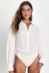 Unique Icon White Textured Button-Up Long Sleeve Bodysuit