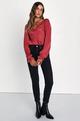 Adoringly Sweet Rusty Rose Satin Cowl Neck Long Sleeve Bodysuit