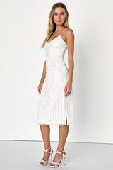 Alluring Interest White Sequin Embroidered Sleeveless Midi Dress