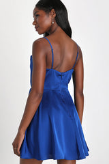 Fanciful Flirt Royal Blue Satin Cowl Neck Skater Mini Dress
