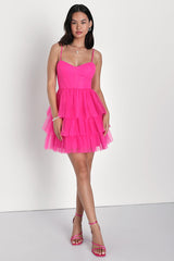 Rule the Runway Hot Pink Tulle Bustier Tiered Mini Dress