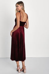 Unreal Charmer Burgundy Velvet Sleeveless Pleated Midi Dress