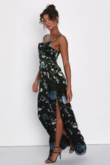 Chic Romantic Black Burnout Velvet Floral Cowl Neck Dress