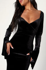 Dramatic Instincts Black Velvet Bell Sleeve Mermaid Maxi Dress