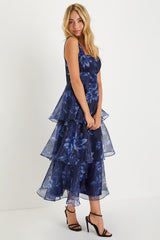 Dramatic Glamour Navy Blue Floral Organza Tiered Midi Dress