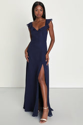 Sweetest Entrance Navy Blue Ruffled Tie-Back Maxi Dress