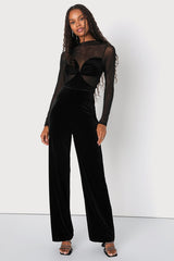 Edgy Charisma Black Mesh Velvet Cutout Long Sleeve Jumpsuit
