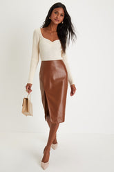 Mireya Brown Vegan Leather Pencil Skirt