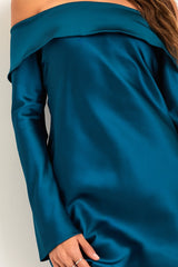 Luxurious Vision Teal Satin Off-the-Shoulder Mini Dress