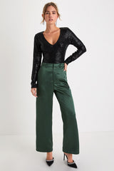 Sparkling Evenings Black Sequin V-Neck Long Sleeve Bodysuit