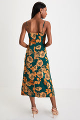 Favorite Icon Green Floral Satin Cowl Neck Slip Midi Dress