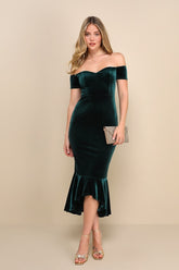 How Much I Care Emerald Green Velvet Off-the-Shoulder Midi Dress