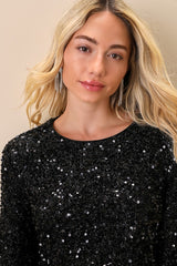 Sparkling Behavior Black Sequin Feather Long Sleeve Top