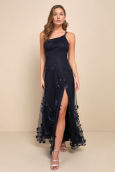 Regal Poise Navy Blue 3D Floral Applique One-Shoulder Maxi Dress