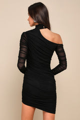 Exclusively Alluring Black Mesh Ruched Cutout Mini Dress