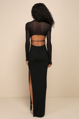 Pristine Poise Black Mesh Cutout Long Sleeve Maxi Dress