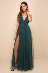 Rare Beauty Hunter Green Tulle Backless Maxi Dress
