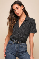 Good Luck Charm Black Polka Dot Short Sleeve Button-Up Top
