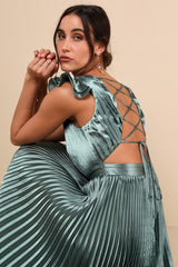 Exceptional Drama Sage Green Satin Lace-Up Pleated Maxi Dress