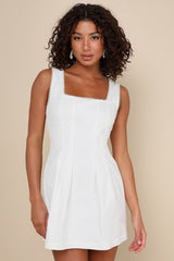 Pure Hearted White Pearl Square Neck Sleeveless Mini Dress