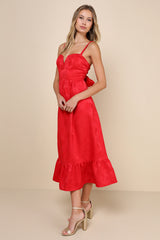 Major Perfection Red Floral Jacquard Midi Dress with Pockets