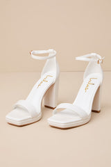 Signie White Square-Toe Platform Ankle Strap Heels