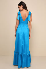 Rare Charm Teal Blue Taffeta Tie-Strap Maxi Dress With Pockets