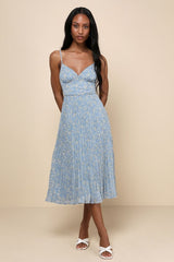 Darling Favorite Light Blue Floral Sleeveless Pleated Midi Dress