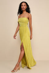 Poised Performance Chartreuse Plisse One-Shoulder Maxi Dress