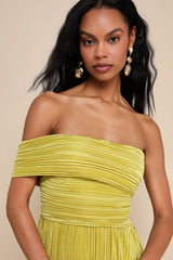 Poised Performance Chartreuse Plisse One-Shoulder Maxi Dress