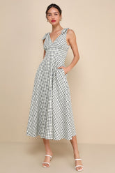 Sweetest Posture Navy and Cream Gingham Midi Dress With Pockets