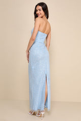 Perfectly Luxurious Light Blue Pearl Strapless Maxi Dress