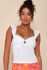 Perfect Sweetness White Eyelet Ruffled Keyhole Smocked Top