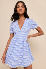 Lovely Chicness Blue and White Lace Puff Sleeve Mini Dress