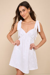 Precious Allure White Jacquard Tie-Strap Mini Dress