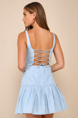 Adorable Concept Blue Lace-Up Backless Drop Waist Mini Dress