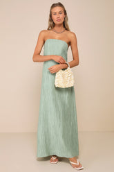 Radiant Season Sage Green Plisse Cutout Strapless Maxi Dress