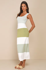 Easily Gorgeous Ivory and Sage Green Striped Midi Sweater Dress