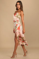 Remarkable Entrance Pink Floral Print Satin Midi Dress