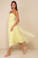 Perfect Whimsy Yellow Floral Mesh Strapless Midi Dress