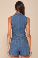 Irresistible Days Medium Wash Denim Collared Sleeveless Romper