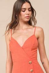 Sweet Breeze Orange Surplice Button-Front Mini Dress