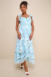 So Elevated Blue Floral Jacquard Tie-Strap High-Low Midi Dress
