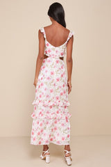 Spectacularly Gorgeous White Floral Cutout Ruffled Maxi Dress
