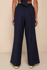 Charmed Aesthetic Navy Blue Linen Embroidered High-Rise Pants