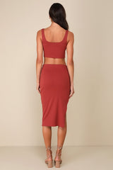 Set For Life Rust Red Ribbed Bodycon Two-Piece Dress
