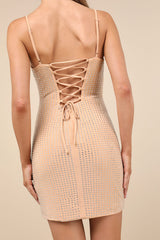 Glamorous Take Beige Rhinestone Lace-Up Bodycon Mini Dress