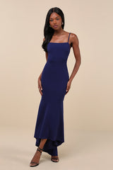 Stunning Enchantment Navy Backless Trumpet Hem Maxi Dress