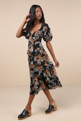 Fawning Favorite Black Floral Lace Tiered Lace-Up Midi Dress